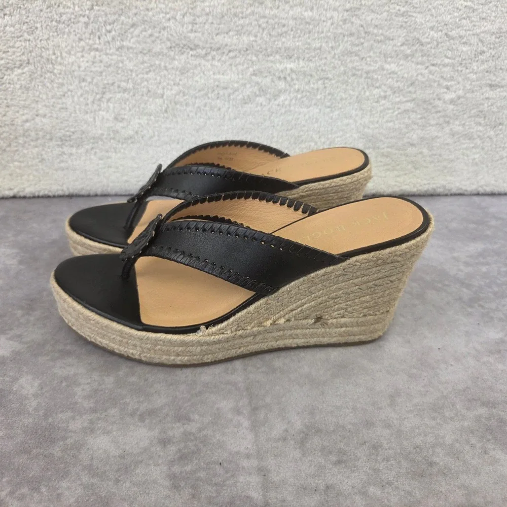 Jack Rogers Black Leather Whipstitch Rondelle Espadrille Wedge Sandals Womens 9M